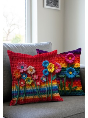 Mena Rise Nakış Desen Baskılı Premium Kadife Çiçek Desenli Baskılı Kırlent Kılıfı, 2'li Set, Mor-Pembe Ilkbahar Temalı, Fermuarlı