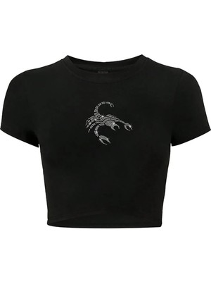 Bozz Collection Kadın Scorpion Kristal Taş Baskılı Crop T-Shirt