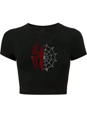 Bozz Collection Kadın Renkli Spider Kristal Taş Baskılı Crop T-Shirt