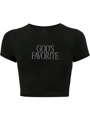 Bozz Collection Kadın God's Favorite Kristal Taş Baskılı Crop T-Shirt