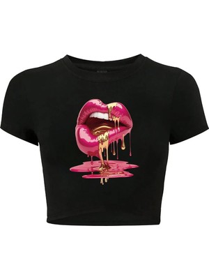 Bozz Collection Kadın Casu Lip Dudak Baskılı Crop T-Shirt