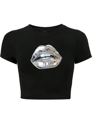 Bozz Collection Kadın Silver Lip Gümüş Dudak Crop T-Shirt