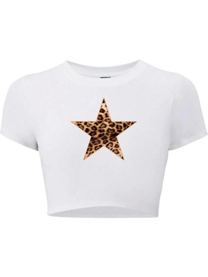 Bozz Collection Kadın Ciao Leopar Yıldız Desenli Crop T-Shirt