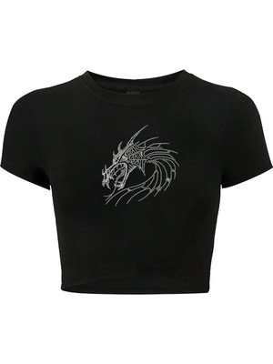 Bozz Collection Kadın White Dragon Kristal Taş Baskılı Crop