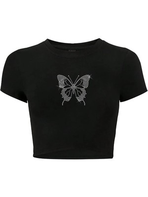 Bozz Collection Kadın Kelebek Kristal Taş Baskılı Crop T-Shirt Beyaz