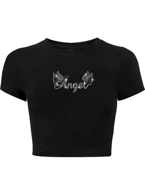 Bozz Collection Kadın Kristal Taş Baskılı Angel Crop T-Shirt