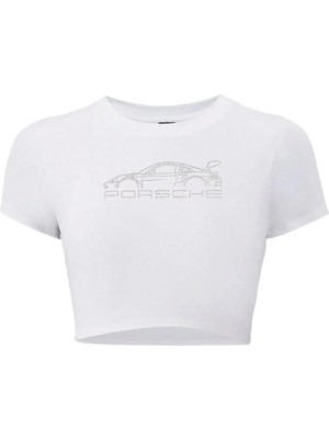 Bozz Collection Kadın Kristal Taş Baskılı Porsche Crop T-Shirt
