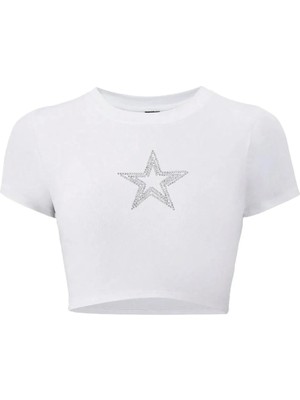 Bozz Collection Kadın Star Kristal Taş Baskılı Crop T-Shirt