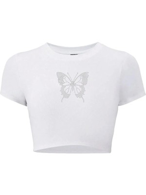 Bozz Collection Kadın Kelebek Kristal Taş Baskılı Crop T-Shirt