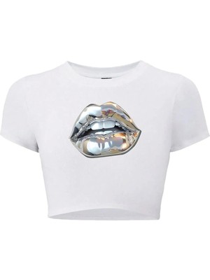 Bozz Collection Kadın Silver Lip Gümüş Dudak Crop T-Shirt