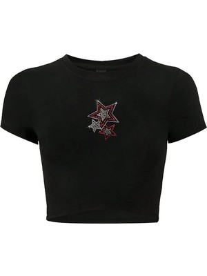 Bozz Collection Kadın Renkli Yıldız Kristal Taş Baskılı Crop T-Shirt