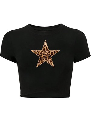 Bozz Collection Kadın Ciao Leopar Yıldız Desenli Crop T-Shirt