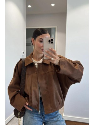 Jamolls Astarlı Oversize Kesim Muadil Trend Pinterest Model Süet Nubuk Kumaş Tasarım Kol Kemer Detay Bomber Mont Ceket