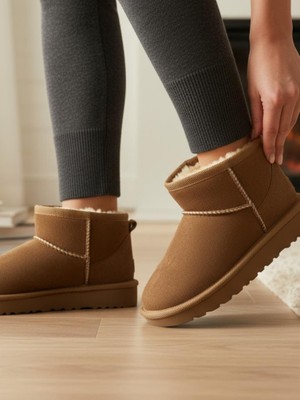 Ellaboni Kız Çocuk Taba Kalın Poli Taban Içi Kürklü Süet Görünümlü Mini Bot