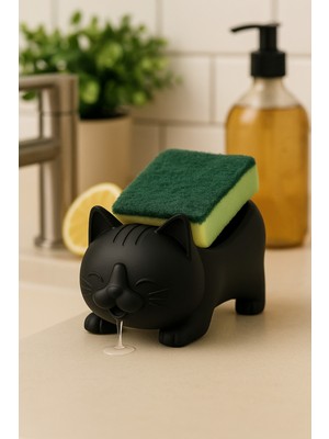 Pamuk's Design Dekoratif Kedi Figürlü Sabunluk & Süngerlik Şık ve Sevimli Banyo, Mutfak Aksesuarı Çok Amaçlı