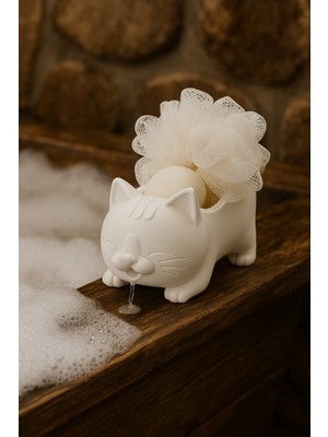 Pamuk's Design Dekoratif Kedi Figürlü Sabunluk & Süngerlik Şık ve Sevimli Banyo, Mutfak Aksesuarı Çok Amaçlı