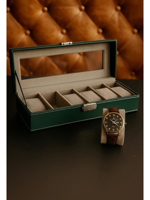 ZYC Premium Özel Seri Deri & Kadife Kaplı 6 Yuvalı Cam Kapaklı & Kilitli Saat Saklama Kutusu