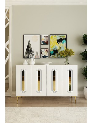 Ceneyra KA1206BG- Rany Konsol, Tv Sehpası, Çok Amaçlı Dolap 120CM Beyaz-Altın