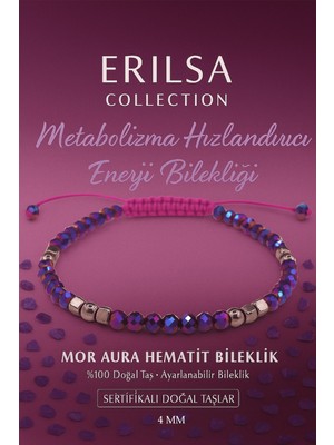 Erilsa Sertifikalı Metabolizma Hızlandırıcı Enerji Bilekliği -  Mor Aura Hematit Terahertz Doğal Taş 4mm