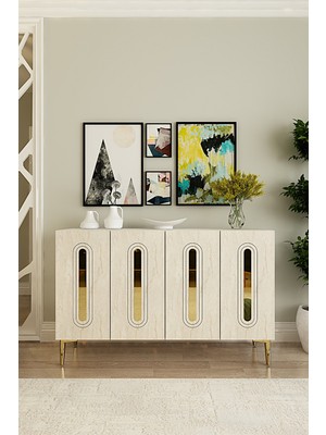 Ceneyra KA1206BTG- Rany Konsol, Tv Sehpası, Çok Amaçlı Dolap 120CM Beyaz-Traverten-Altın