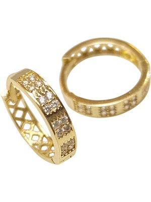 Genel 15MM Taşlı Halka Küpe 14 Ayar Altın Hd Videolu