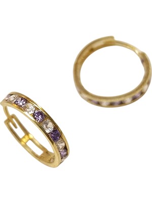 Genel 17.2mm Lila Taşlı Su Yolu Halka Küpe 14 Ayar Altın Hd Videolu