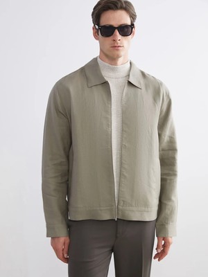 LC Waikiki Lcw Vision Yeşil Standart Kalıp Gömlek Yaka %100 Keten Erkek Mont