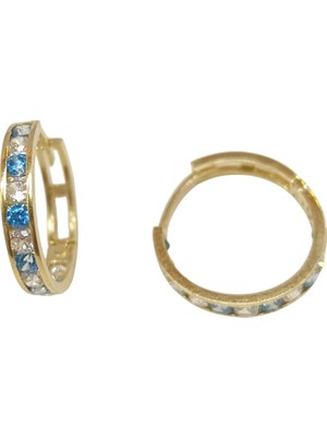 Genel 17.2mm Aqua Mavisi Taşlı Su Yolu Halka Küpe 14 Ayar Altın Hd Videolu