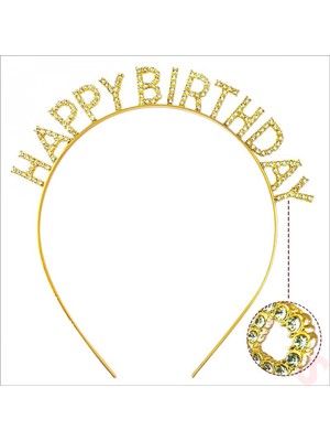 Marsilyan- Altın Gold Renk Kristal Taşlı Parlak Happy Birthday Taç