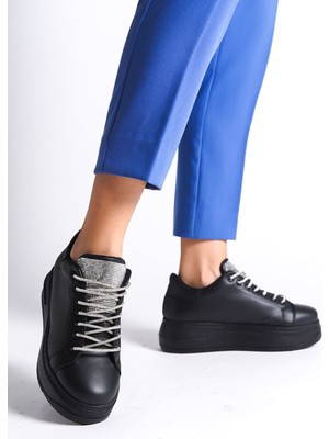 Softflex Bağcıklı Taşlı Ortopedik Kadın Sneaker - Siyah