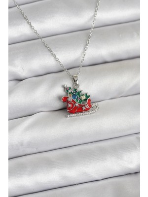 Butik Bfs 316L Çelik Zincir Gümüş Renk Kızak ve Çam Ağacı Figürlü Yılbaşı Temalı Kadın Kolye