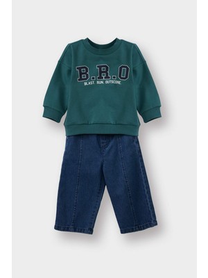 DeFacto 2'li Takım Baskılı Sweatshirt Jean Pantolon Erkek Bebek G3227A525WN