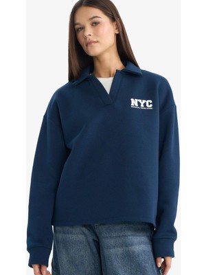 DeFacto Oversize Geniş Kalıp Polo Yaka Baskılı Sweatshirt G3721AX25WN