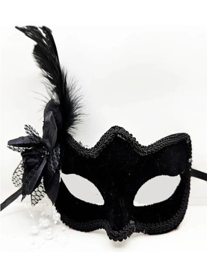 Ronanna Buğz Siyah Süet Yandan Tüylü Incili Parti Maskesi
