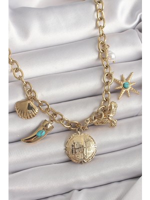 Bfs 316L Çelik Gold Renk Zincir Sallantılı Çoklu Figür Model Kadın Kolye