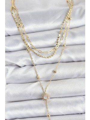 Callerrons Accessories Pirinç Gold Renk Güneş Model Detaylı 3'lü Kombin Y Kadın Kolye - EBJ251115W38425