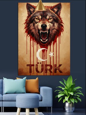 Artmeg Kızgın Bozkurt Kafası ve Türk Dekoratif Kanvas - Mdf Ahşap Tablo