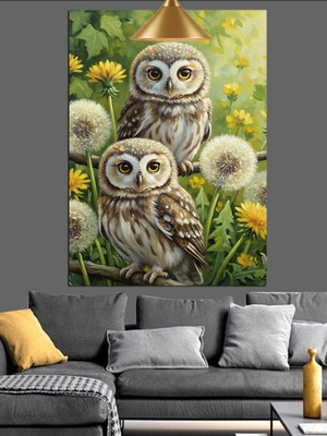 Artmeg Baykuşlar ve Karahindiba Dekoratif Kanvas - Mdf Ahşap Tablo