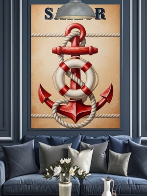 Artmeg Çapa Denizci Beyaz Kırmızı Dekoratif Kanvas - Mdf Ahşap Tablo
