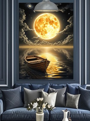 Artmeg Denizdeki Boş Tekne Ay Silüet Gece Dekoratif Kanvas - Mdf Ahşap Tablo