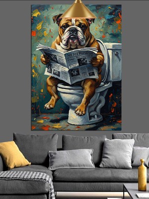 Artmeg Tuvalette Köpek Gazete Okuyor Komik Dekoratif Kanvas - Mdf Ahşap Tablo