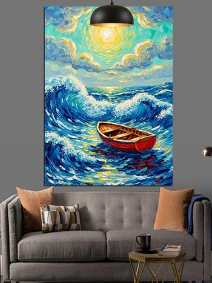 Artmeg Mavi Okyanus Dalgalarında Boş Tekne Sanat Dekoratif Kanvas - Mdf Ahşap Tablo