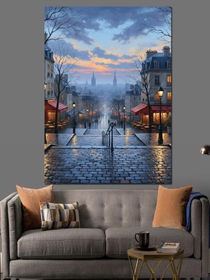 Artmeg Yağmurlu Şehir Caddesi Işıklar Dekoratif Kanvas - Mdf Ahşap Tablo