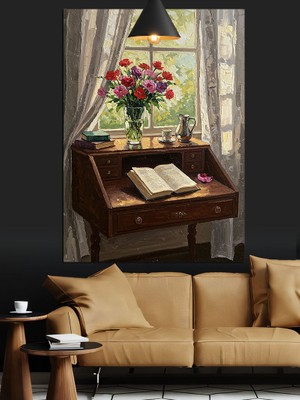 Artmeg Pencere Önü Masa Vazodaki Çiçekler ve Kitap Dekoratif Kanvas - Mdf Ahşap Tablo