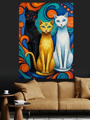 Artmeg Sarı Siyah Kedi Ailesi Dekoratif Kanvas - Mdf Ahşap Tablo