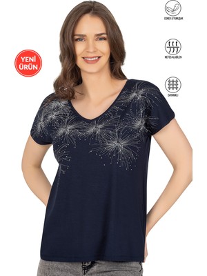 Özkan Underwear Özkan 25501 Kadın Vorteks Viskon Premium Kumaş Örme Bluz Önü Baskılı Likralı V Yaka Kısa Kollu