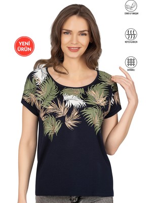 Özkan Underwear Özkan 25790 Kadın Vorteks Viskon Premium Kumaş Kısa Kollu Örme Bluz Önü Baskılı Likralı