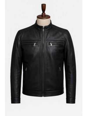 Velzana Hakiki Deri Siyah Erkek Motosiklet Tarzı Fermuarlı Ceket