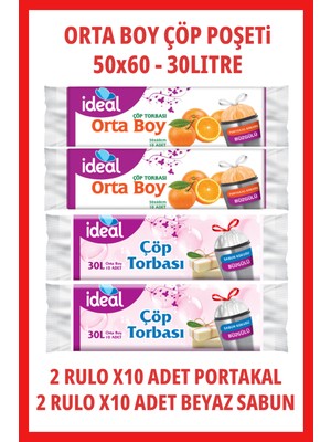 Koroplast Ideal Kokulu Büzgülü Orta Boy Çöp Poşeti 4 Rulo 50X60CM 30LITRE (2xportakal, 2xbeyazsabun)