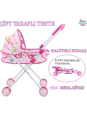 Brother Toys Yataklı ve Tenteli Puset Bebek Arabası Katlanabilir Metal Tasarım 4 Tekerlekli
